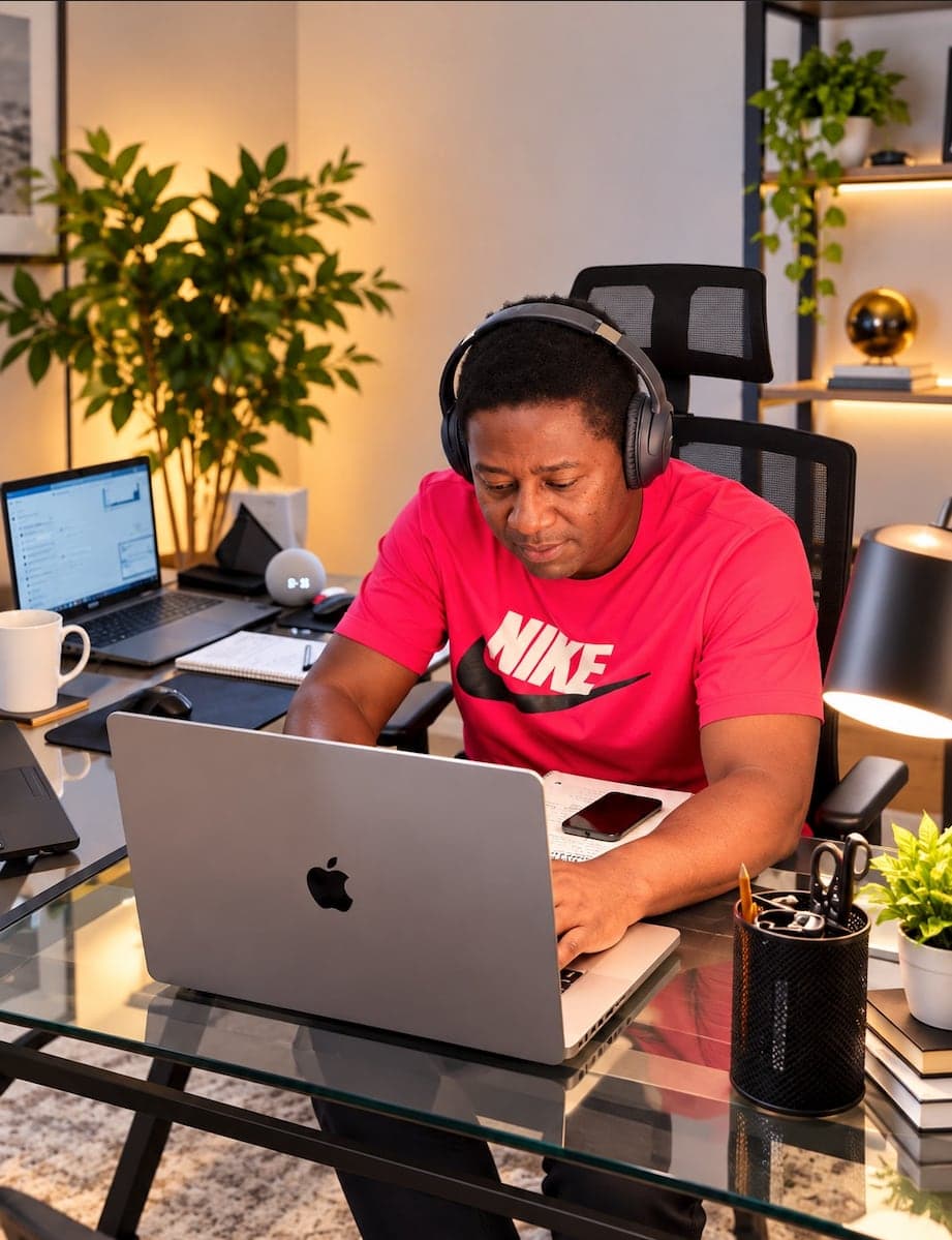 Andy Sarfo Frimpong working at his desk in the Worcester, Massachusetts studio